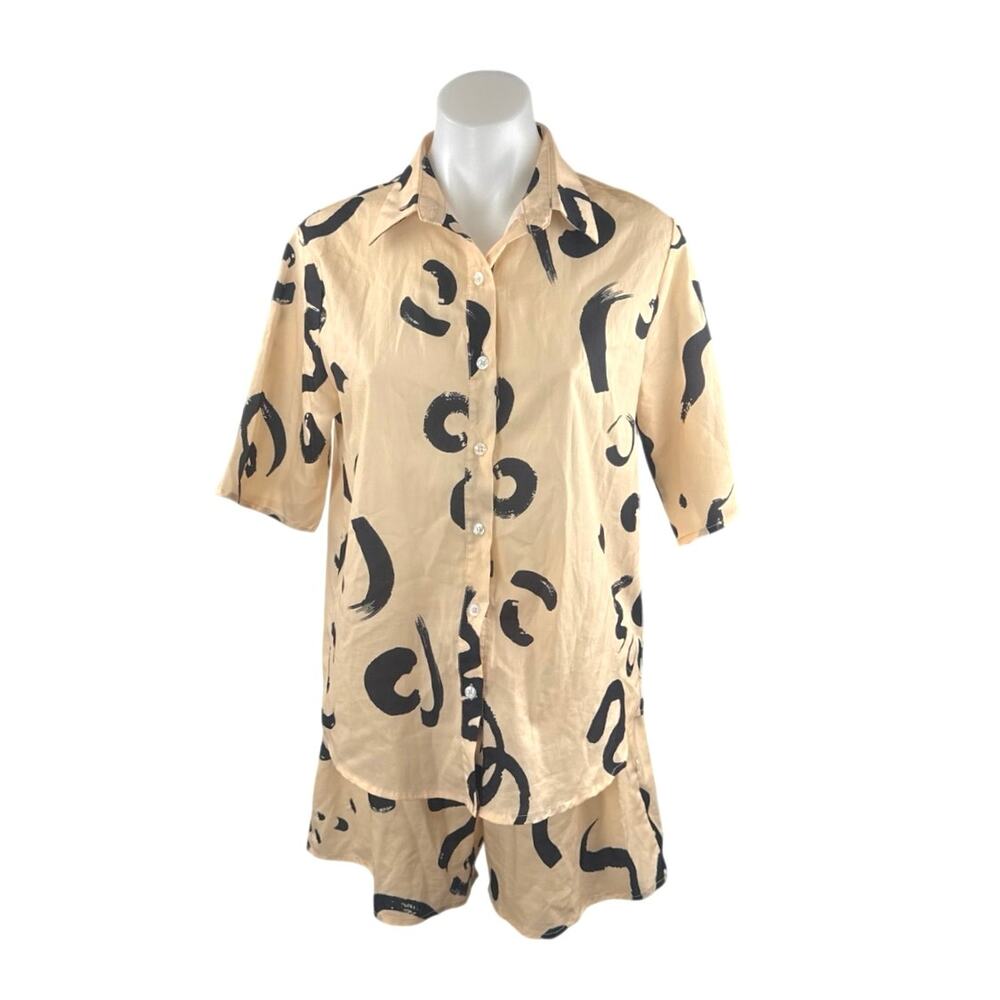 Isalis Women's Brush Stroke Graffiti Button Up Shirt Wide Leg Short Casual Set S